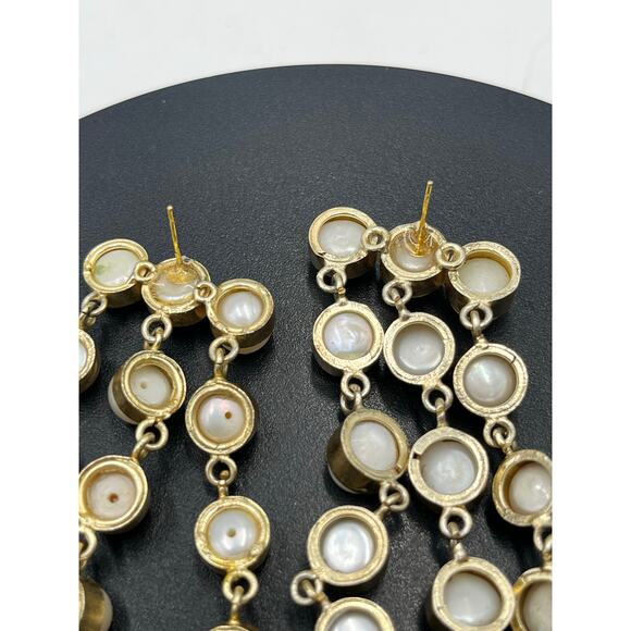 SHASHI Naya White Pearl Designer Dangle Three Triple Row Drop Earrings - Picture 3 of 14